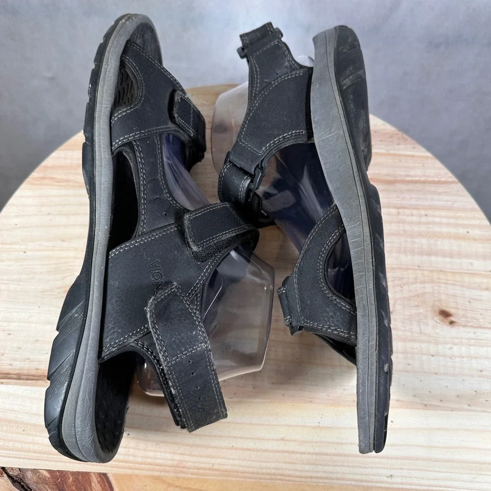 Vionic Bryce Sandals Mens 14 Black Good Leather Triple Strap Orthotic Walking